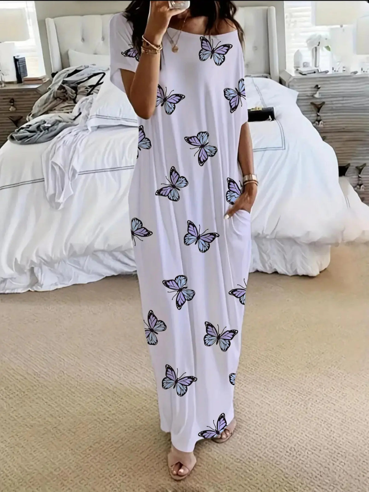 Women's Tie-Dye Butterfly Heart Print Nightgown Sleepwear, Round Neck Loose Fit with Pockets, Comfortable Soft Sleep Dress, Nightwear Loungewear, Nightdress Sleepwear for All Seasons