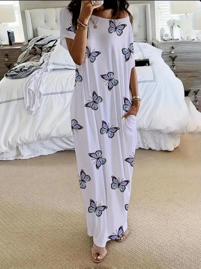 Women's Tie-Dye Butterfly Heart Print Nightgown Sleepwear, Round Neck Loose Fit with Pockets, Comfortable Soft Sleep Dress, Nightwear Loungewear, Nightdress Sleepwear for All Seasons