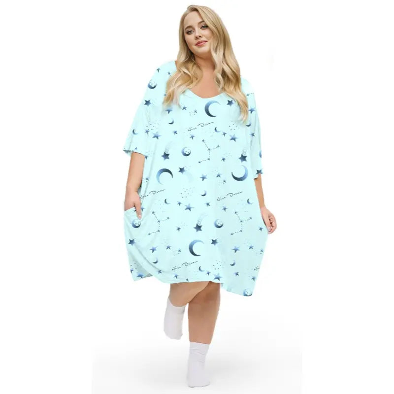 KFUBUO Plus Size Nightgown for Women V-Neck Sleep  Dress Pjs Lounge Short Sleeves Sleepwear With Pocket Fit S-5XL Pajamas Elastic Loungewear Breathable Fabric