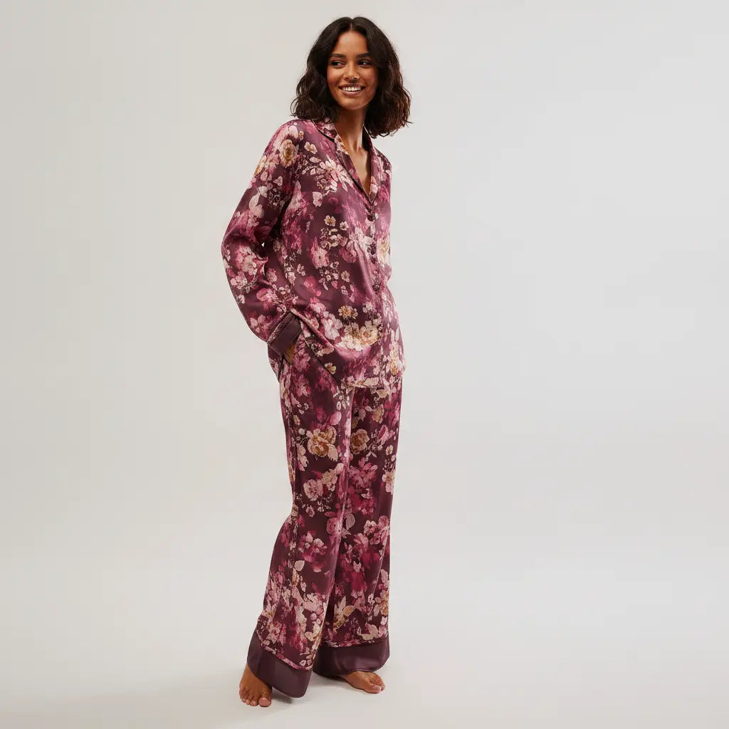 Women's Fall Loungewear Set Stripe/Plaid/Stripe Print Long Sleeve Lapel Button Tops Long Pants Fall Sleepwear Womenswear Pajamas