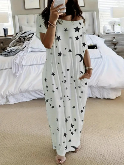 Women's Tie-Dye Butterfly Heart Print Nightgown Sleepwear, Round Neck Loose Fit with Pockets, Comfortable Soft Sleep Dress, Nightwear Loungewear, Nightdress Sleepwear for All Seasons