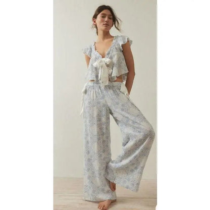 Women 2 Piece Pajamas Set Floral Print Tie Front Fly Sleeves Shirt and Elastic Pants for Loungewear Soft Sleepwear