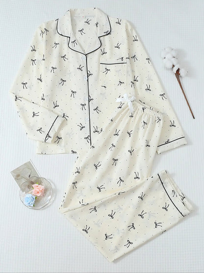 Women's Striped Bow Print Long Sleeve Pajama Set, Sweet Cute Button Front Top and Pants, Casual Home Wear Loungewear for All Seasons