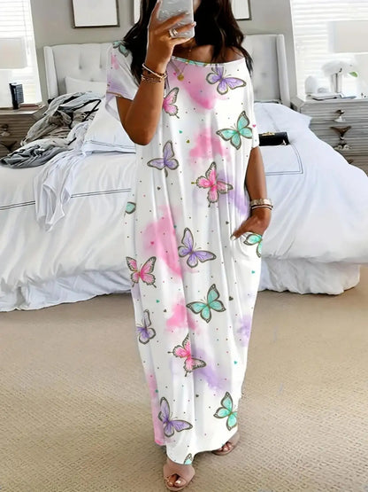 Women's Tie-Dye Butterfly Heart Print Nightgown Sleepwear, Round Neck Loose Fit with Pockets, Comfortable Soft Sleep Dress, Nightwear Loungewear, Nightdress Sleepwear for All Seasons
