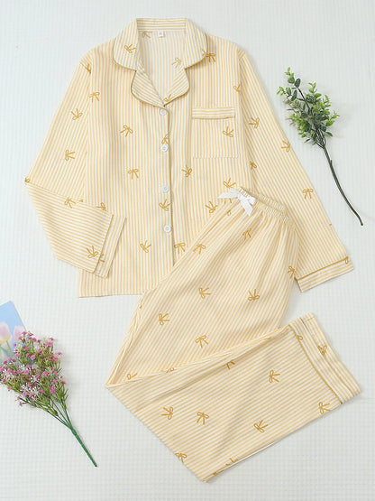 Women's Striped Bow Print Long Sleeve Pajama Set, Sweet Cute Button Front Top and Pants, Casual Home Wear Loungewear for All Seasons