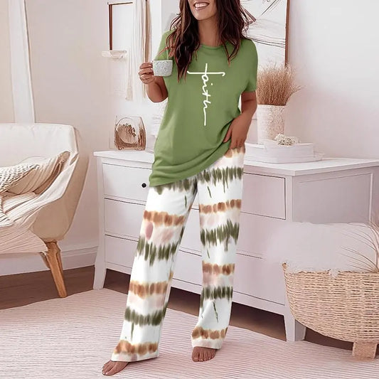 CHICME Women's 2 Piece Sets Round Neck Short Sleeve Top & Ombre Print Loose Pants Matching Pajamas Sets