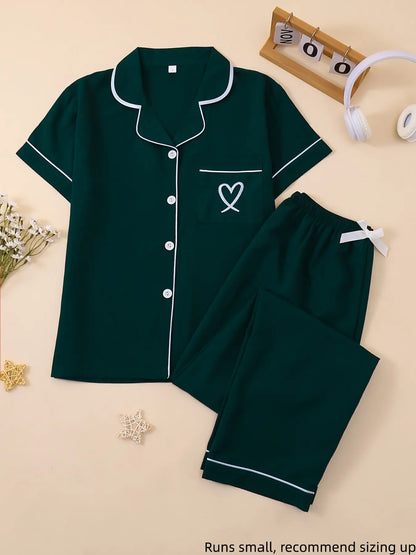 Women's Casual Fitted Sleepwear Set, Soft Fabric Heart Embroidery Pajama Set, Short Sleeves Plain Everyday Home Wear, Loungewear & Nightwear Set, All-Season Pjs, Homewear, Comfy Pajamas
