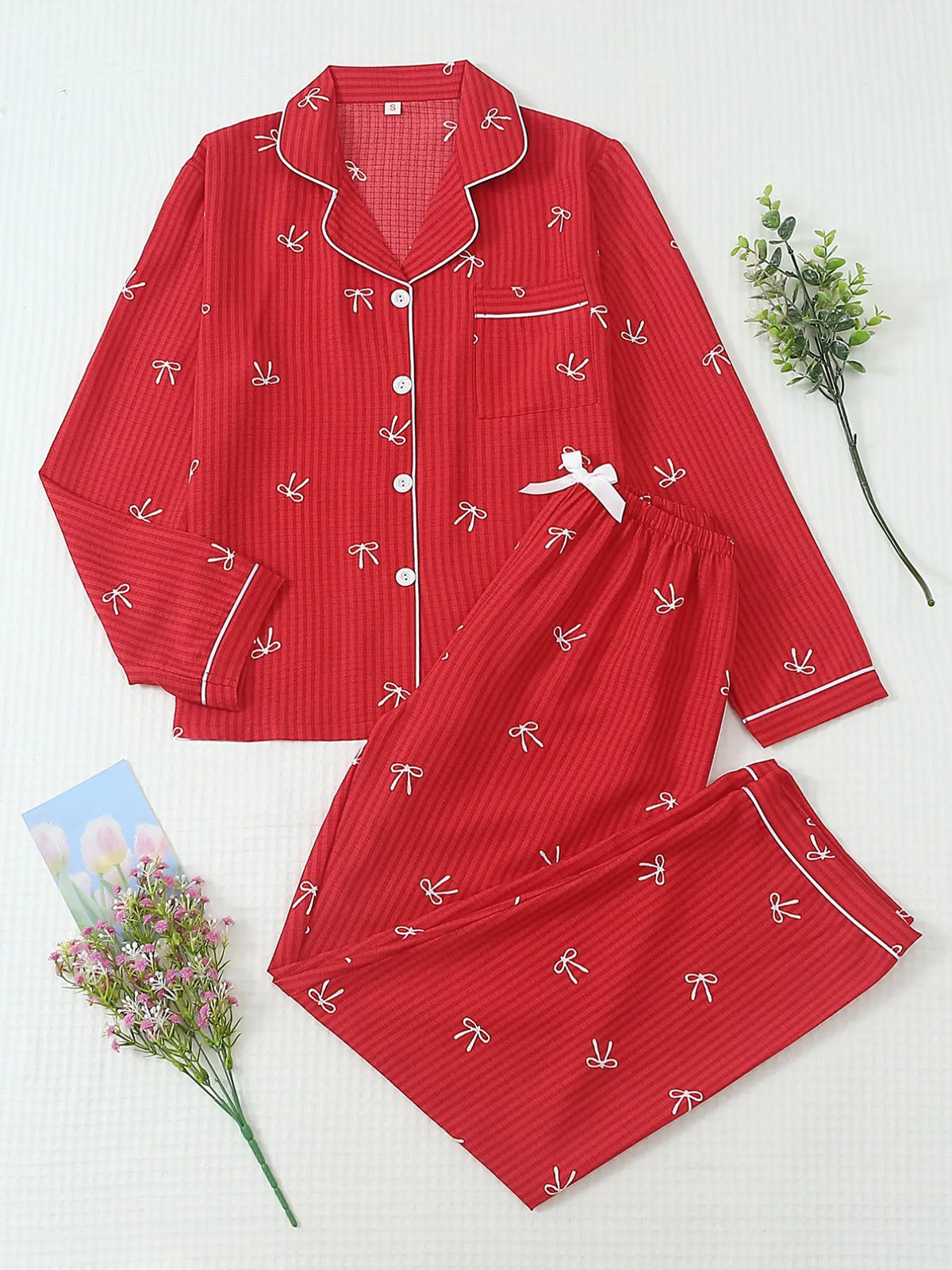 Women's Striped Bow Print Long Sleeve Pajama Set, Sweet Cute Button Front Top and Pants, Casual Home Wear Loungewear for All Seasons