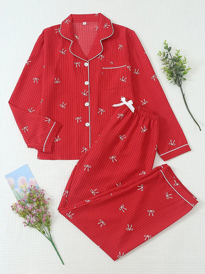 Women's Striped Bow Print Long Sleeve Pajama Set, Sweet Cute Button Front Top and Pants, Casual Home Wear Loungewear for All Seasons