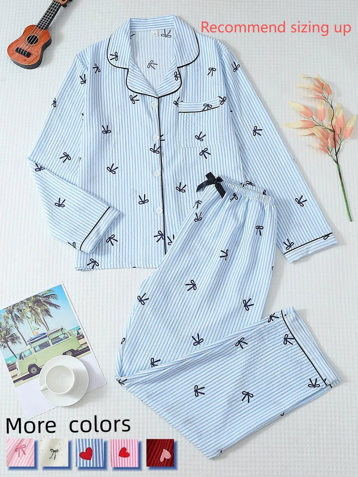 Women's Striped Bow Print Long Sleeve Pajama Set, Sweet Cute Button Front Top and Pants, Casual Home Wear Loungewear for All Seasons
