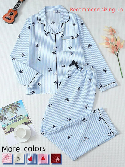 Women's Striped Bow Print Long Sleeve Pajama Set, Sweet Cute Button Front Top and Pants, Casual Home Wear Loungewear for All Seasons