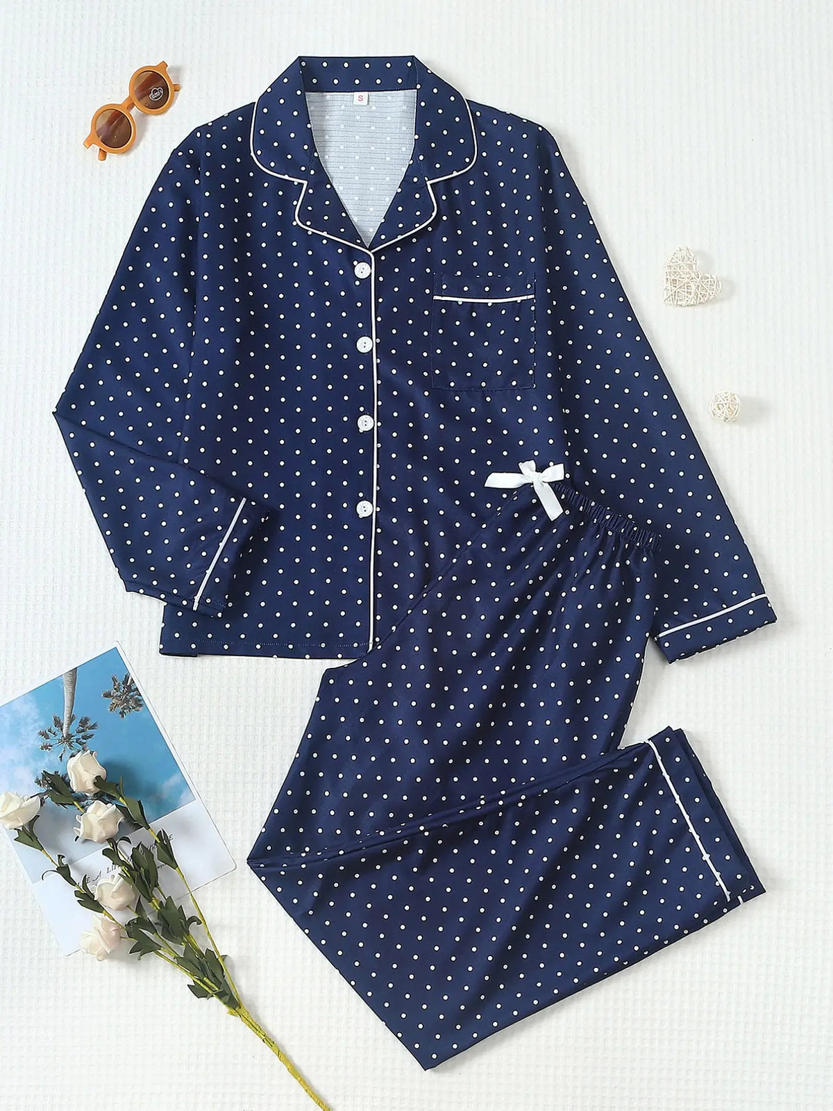 Women's Striped Bow Print Long Sleeve Pajama Set, Sweet Cute Button Front Top and Pants, Casual Home Wear Loungewear for All Seasons