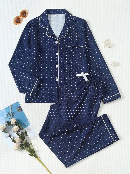 Women's Striped Bow Print Long Sleeve Pajama Set, Sweet Cute Button Front Top and Pants, Casual Home Wear Loungewear for All Seasons