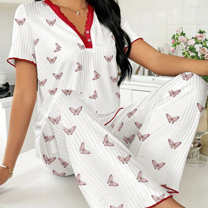 FEITAI Women's Soft 2-Piece Floral Cherry Print Pajama Set - Elastic Ribbed Knit Short Sleeve Button-Front Henley Top with Lace, Comfortable Fabric Stretchy Pants, Feminine Sleepwear Loungewear, Sohochic (PJ Sets for Women)
