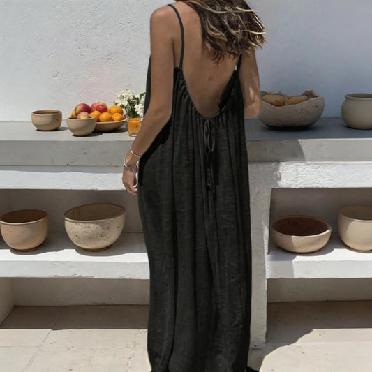 Women's Basic Spaghetti Strap Solid Color Polyester Blend Cami Lounge Dress - Elegant Sleeveless Long Night Gown, Soft Casual Wear for Ladies Indoor Daily Summer Use